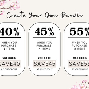 May include: A graphic with three white circles with black outlines, each containing a discount offer. The first circle says "40% when you purchase 3 items, use code SAVE40 at checkout". The second circle says "45% when you purchase 4 items, use code SAVE45 at checkout". The third circle says "55% when you purchase 5 items, use code SAVE55 at checkout".