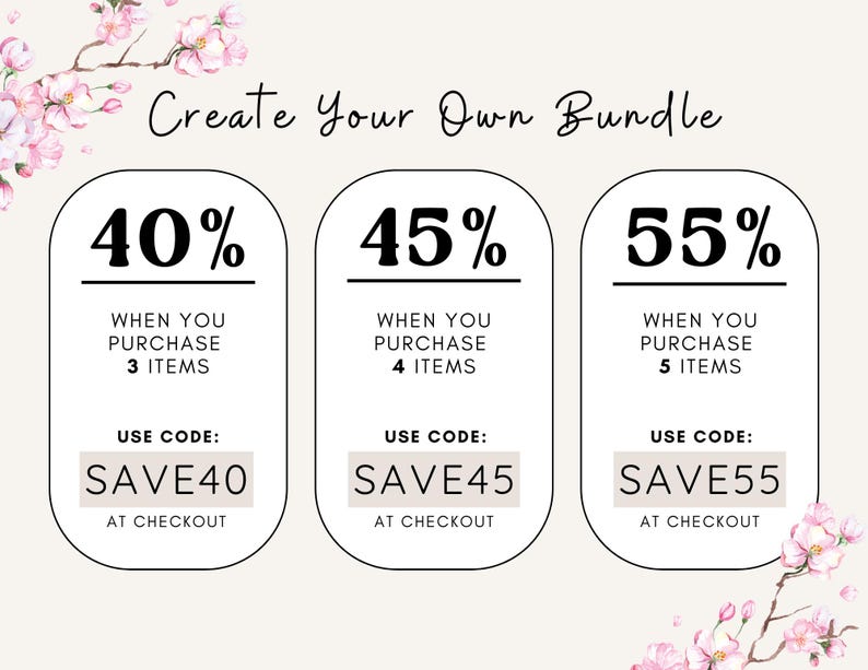 May include: A graphic with three white circles with black outlines, each containing a discount offer. The first circle says "40% when you purchase 3 items, use code SAVE40 at checkout". The second circle says "45% when you purchase 4 items, use code SAVE45 at checkout". The third circle says "55% when you purchase 5 items, use code SAVE55 at checkout".