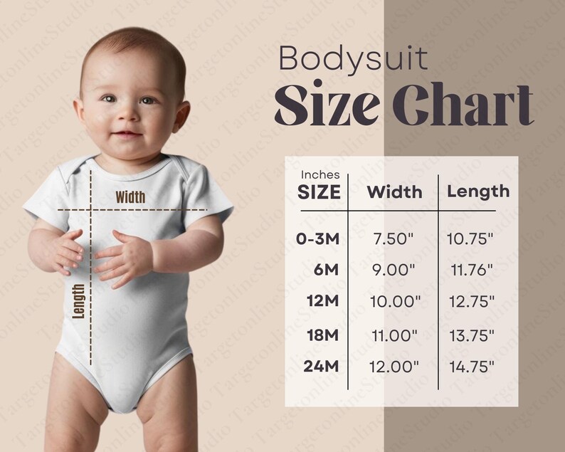 May include: Bodysuit size chart with measurements in inches. The chart shows the width and length of bodysuits in sizes 0-3M, 6M, 12M, 18M, and 24M.