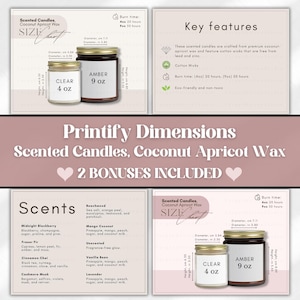 Tabela de tamanhos de velas perfumadas, cera de coco e damasco 4 oz e 9 oz, guia POD, download digital, principais recursos, visão geral dos aromas, tamanho Printify