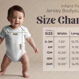 May include: Size chart for infant fine jersey bodysuits. The chart shows sizes from 0-3 months to 24 months with corresponding width and length measurements in inches.