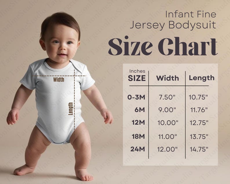 May include: Size chart for infant fine jersey bodysuits. The chart shows sizes from 0-3 months to 24 months with corresponding width and length measurements in inches.
