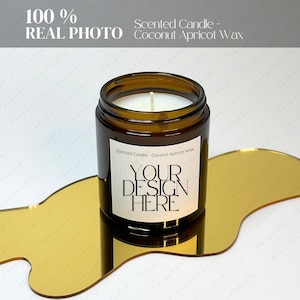 Printify Scented Candle Mockup, cera de damasco de coco âmbar 4 oz, POD Mock, principais recursos, visão geral dos aromas, tabela de tamanhos, Printify, foto real
