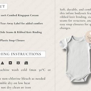 May include: White infant bodysuit with short sleeves and snap closures. The bodysuit is made of 100% combed ringspun cotton and features side seams and ribbed knit binding. The text "Super Soft" is printed on a pink circle in the upper right corner of the image. Washing instructions are listed below the image.