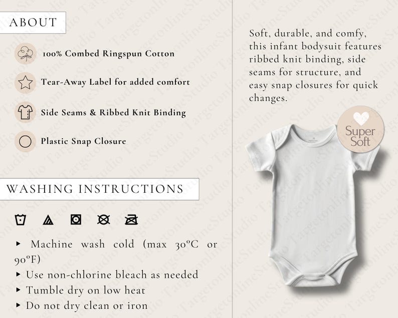 May include: White infant bodysuit with short sleeves and snap closures. The bodysuit is made of 100% combed ringspun cotton and features side seams and ribbed knit binding. The text "Super Soft" is printed on a pink circle in the upper right corner of the image. Washing instructions are listed below the image.