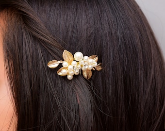 Wedding Hair Accessories | Pearl Bridal Comb | Gold Hairpin | Rhinestone Hair Pins | Golden Bridal Headpiece | Gold Leaf