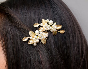 Wedding Hair Accessories | Pearl Bridal Comb | Gold Hairpin | Rhinestone Hair Pins | Golden Bridal Headpiece | Gold Leaf