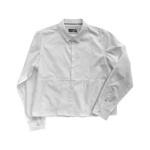 May include: A white long-sleeved button-down shirt with a contrasting black label that reads "OFFICIAL REBRAND".