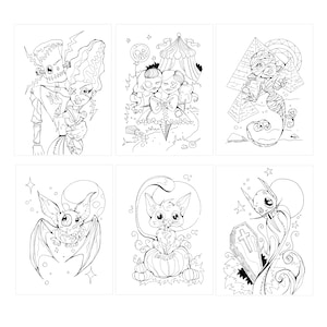May include: A coloring book page featuring six different Halloween-themed illustrations. The illustrations include a Frankenstein monster and his bride, two girls in a spooky carnival setting, a mummy in a pyramid, a bat, a cat in a pumpkin, and a skull with a coffin.