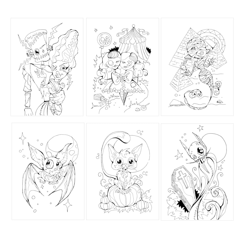 May include: A coloring book page featuring six different Halloween-themed illustrations. The illustrations include a Frankenstein monster and his bride, two girls in a spooky carnival setting, a mummy in a pyramid, a bat, a cat in a pumpkin, and a skull with a coffin.