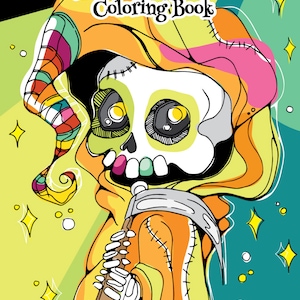 May include: A coloring book cover featuring a cartoon skull wearing a colorful hat and holding a baseball bat. The title of the book is "Wee Wickeds Coloring Book" and the author is "Karla Maga&ntilde;a".