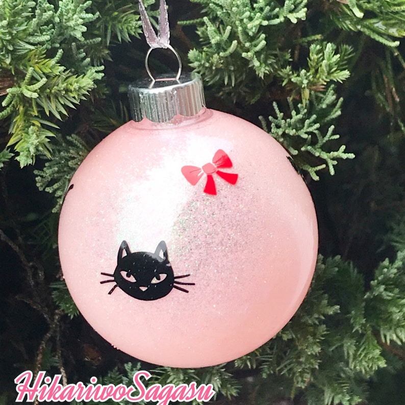 Black Cat Red Ribbon Handmade Glitter Ornament