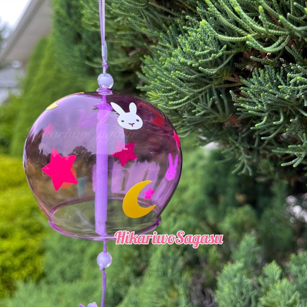 Dreaming Bunny Moon Purple Glass Windchime Furin