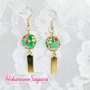 Pink Sakura Jade Green Theme Furin Windchime Earrings
