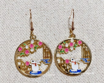 Bunny Viewing Cherry Blossom Gold Earrings