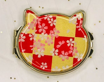 Cat Shape Gold and Red with blossoms Folding Compact Mirror