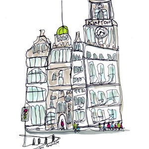 May include: An ink and watercolour illustration of a building with a clock tower. The building is light grey with green domes and a clock face. The word "KIMPTOM" is above the clock. Pedestrians and a traffic light are visible.