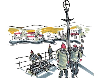 Winter Walk Along West Pier, Whitby, Yorkshire Art Print