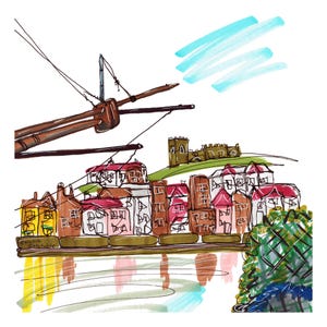 May include: An ink and watercolor illustration of a coastal town with buildings, a church, and a bridge. The artwork features a color palette of brown, red, yellow, and blue, with the artist's signature at the bottom.