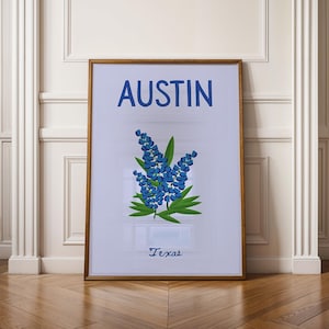 Austin Wall Art Print, Bluebonnet Print, Bold Minimalist City Artwork, Dopamine Decor, Colorful Travel Poster, Texas Home Decor, Texas Gift