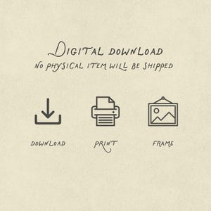 以下が含まれることがあります： デジタルダウンロードのグラフィックで、Digital downloadおよびNo physical item will be shippedというテキストが表示されています。その下には、ダウンロード矢印、プリンター、額縁入りの絵を表す3つのアイコンがあり、それぞれDownload、Print、Frameというラベルが付いています。