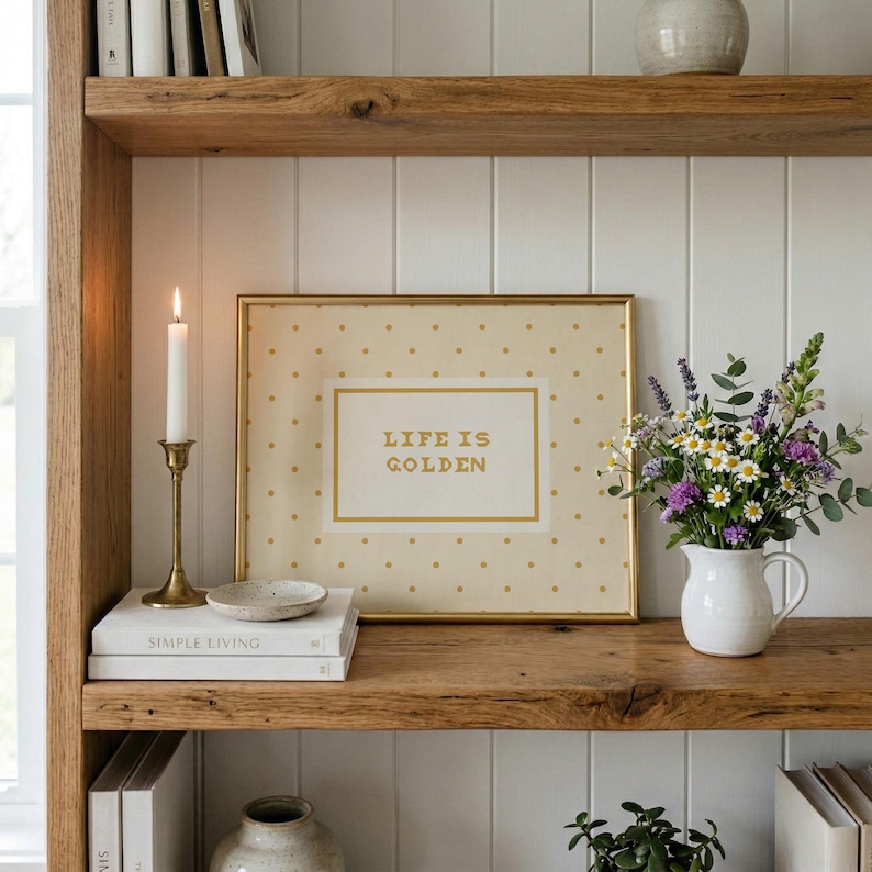 Bring a little sunshine to your space with this "life is golden" digital print, featuring a charming vintage-inspired design with warm yellow tones and playful polka dots. Perfect for dog lovers, this golden retriever art doubles as a fun and light-hearted dog quote print and adds a cheerful touch to any home.