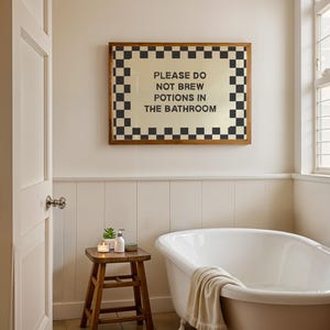 Witchy Halloween wall art for a kids bathroom featuring the humorous phrase please do not brew potions in the bathroom. Perfect for a kids Halloween party, cute witch party, potion themed celebration, or family Halloween bathroom decor. This funny Halloween sign complements witch decor, magical party decorations, spooky bathroom art, season of the witch decor, and playful Halloween decorations for kids.