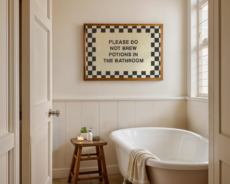 Witchy Halloween wall art for a kids bathroom featuring the humorous phrase please do not brew potions in the bathroom. Perfect for a kids Halloween party, cute witch party, potion themed celebration, or family Halloween bathroom decor. This funny Halloween sign complements witch decor, magical party decorations, spooky bathroom art, season of the witch decor, and playful Halloween decorations for kids.