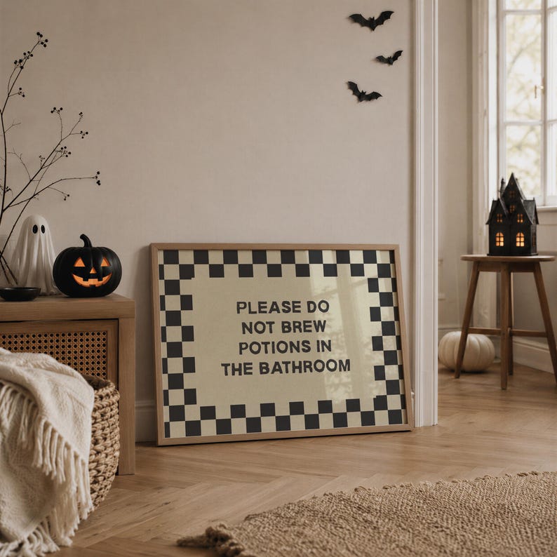 Funny Halloween bathroom wall art with a please do not brew potions in the bathroom message, designed for cute witch and witchy Halloween decorating. A playful choice for kids Halloween party decor, a children’s Halloween bathroom, potion themed party decorations, or a magical witch party. Pair with spooky bathroom decor, witchy decor prints, and family friendly Halloween decorations.