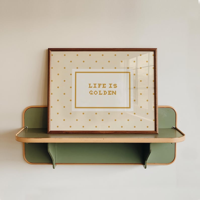 life is golden art, life is golden prints, pet lover gift, pet lover gifts, pet owner gifts, new puppy gift, digital wall art, printable wall art digital download, golden retriever gifts, above dog bowl decor, above dog food bowl art, golden retriever nursery, golden doodle nursery, retro dog mom gifts, vintage polka dot dog art, dog mama gifts, gifts for pet owners, gift for golden retriever owner, gifts for golden doodle owners,