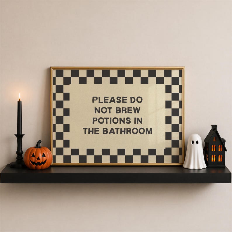 Playful Halloween bathroom decor with a witchy potion theme, perfect for kids, families, and Halloween parties. The funny please do not brew potions in the bathroom sign works beautifully with cute witch Halloween decor, kids Halloween party decorations, potion party themes, spooky bathroom decor, witchy wall art, and whimsical fall decorating. A fun magical accent for a children’s Halloween party or festive bathroom.