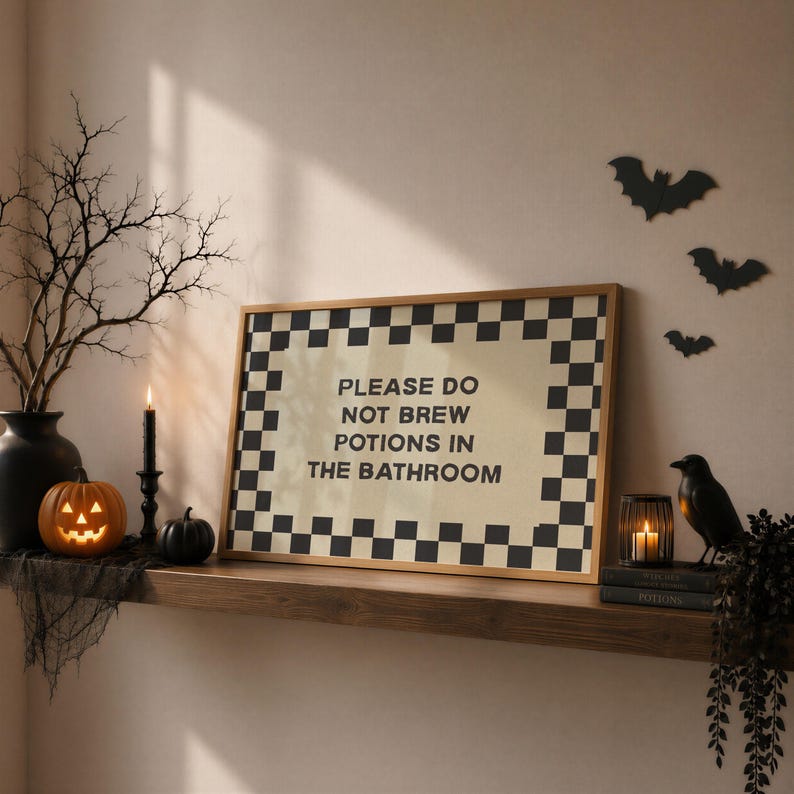 Please do not brew potions in the bathroom wall art featuring playful witchy Halloween humor, perfect for kids Halloween bathroom decor, a cute witch themed bathroom, or kids Halloween party decorations. This funny potion bathroom sign adds a whimsical spooky season touch to witch decor, Halloween party decor, fall bathroom decor, and magical Halloween decorating for children and families.