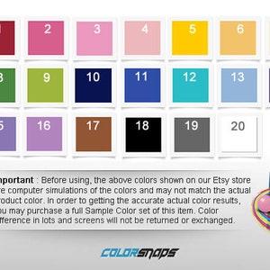 May include: A chart of 20 color swatches, numbered 1 through 20. The colors range from red, pink, yellow, green, blue, purple, brown, black, gray, and white. The text below the chart reads: "Important: Before using, the above colors shown on our Etsy store are computer simulations of the colors and may not match the actual product color. In order to getting the accurate actual color results, you may purchase a full Sample Color set of this item. Color difference in lots and screens will not be returned or exchanged."