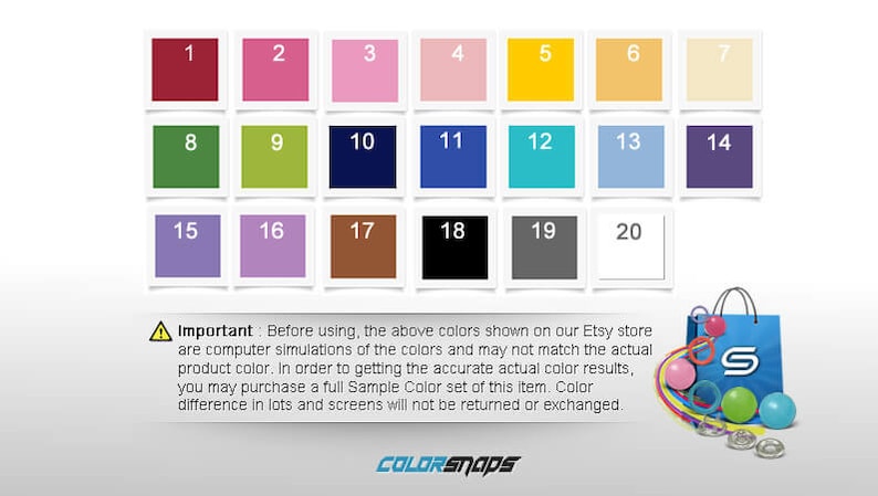 May include: A chart of 20 color swatches, numbered 1 through 20. The colors range from red, pink, yellow, green, blue, purple, brown, black, gray, and white. The text below the chart reads: "Important: Before using, the above colors shown on our Etsy store are computer simulations of the colors and may not match the actual product color. In order to getting the accurate actual color results, you may purchase a full Sample Color set of this item. Color difference in lots and screens will not be returned or exchanged."