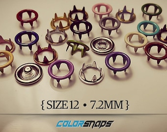 20 COLORS • Enamel Ring Snaps • Size 12 • 9/32 • 5/16 • 7 mm • Snap • Button • Fastener • Prong • No Sew • Doll • Mini • Small • Smallest