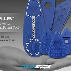 May include: A collection of blue plastic tools for attaching snaps, with the text "SNAP PLUS" and "Colorsnaps". The tools are held in a hand, and the image includes the text "The All-New Powerful Snaps Attaching Patent Tool".