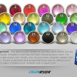May include: A color chart featuring 24 different colored round objects with a metallic silver border. Each color is numbered. The image includes a warning about color accuracy and a shopping bag icon with the letter "S". The "COLORSNAPS" logo is at the bottom.