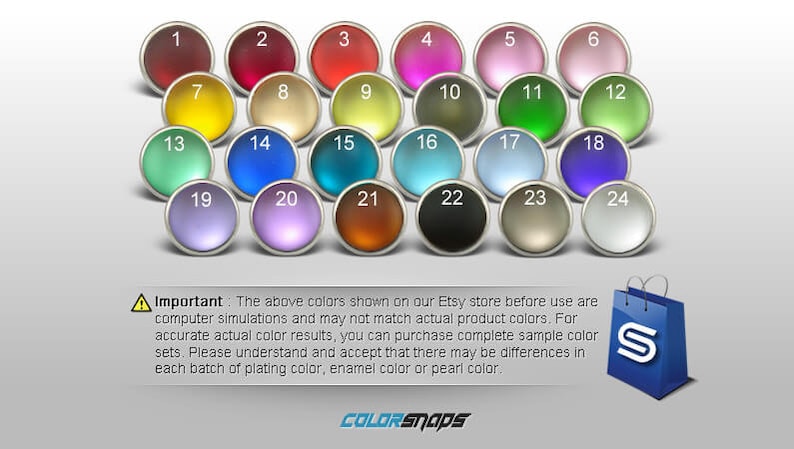 May include: A color chart featuring 24 different colored round objects with a metallic silver border. Each color is numbered. The image includes a warning about color accuracy and a shopping bag icon with the letter "S". The "COLORSNAPS" logo is at the bottom.