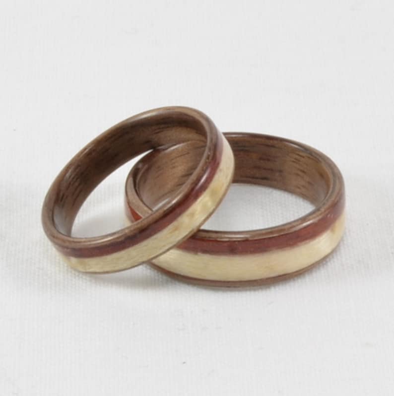 Wood Wedding Ring Set Bentwood Walnut with Maple and Bloodwood inlay Engagement Ring, Wedding Ring, Wedding Band Handmade Natural image 1