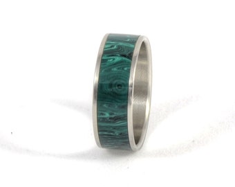 Stainless Steel Ring - Banded Malachite Trustone Ring with Stainless Steel Core, Wedding Ring, Wedding Band, Engagement Ring
