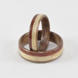 Wood Wedding Ring Set Bentwood Walnut with Maple and Bloodwood inlay Engagement Ring, Wedding Ring, Wedding Band Handmade Natural image 2