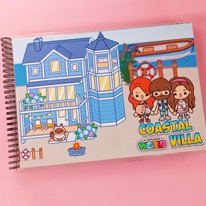 Toca Boca House "Coastal Villa" – Libro tranquillo, Libro attivo, Giocattolo Montessori, Bambole di carta, Casa delle bambole, Regalo di compleanno fatto a mano per bambine
