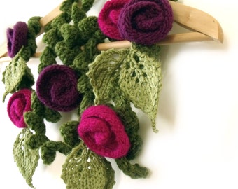 CUSTOM ORDER Crochet felt scarf Lariat scarf Freeform crochet Felt roses Leaf flower scarf Art to wear Boho scarf lariat Hippie gypsy scarf