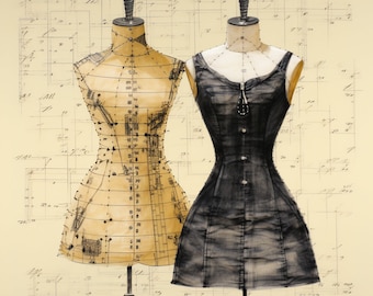 Art Print Vintage Dress Forms with pattern paper and pins Art or Scrap Book Digital Download