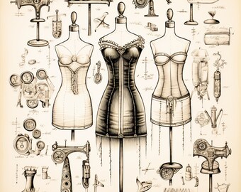 Collage Scrap Book paper 12x12 Download Art Print Sewing Room Dress Forms Seamstress Fun Vintage Look Created with AI