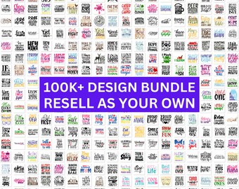 May include: A collection of over 100,000 editable t-shirt designs. The designs are in a grid format and feature various phrases and graphics. The text at the bottom reads "Mega Collection of Editable T-Shirt Designs Print-Ready | Perfect for POD, Merch & Custom Apparel".