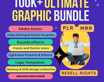 May include: A purple background with a graphic design bundle offer. The text "100K+ ULTIMATE GRAPHIC BUNDLE" is in white. The bundle includes Adobe assets, video editing and motion graphics, sound effects, fonts and vector icons, Lightroom presets and effects, logo templates, mockup and SVG design collection, and much more. The text "PLR MRR RESELL RIGHTS" is in white. The image also includes icons for Photoshop, After Effects, Illustrator, and Premiere Pro.