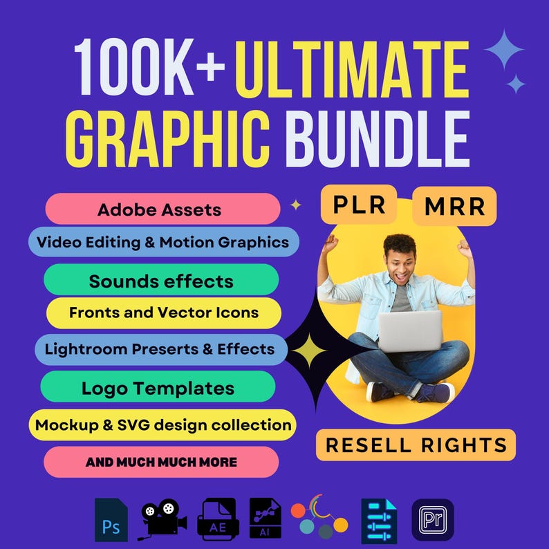 May include: A purple background with a graphic design bundle offer. The text "100K+ ULTIMATE GRAPHIC BUNDLE" is in white. The bundle includes Adobe assets, video editing and motion graphics, sound effects, fonts and vector icons, Lightroom presets and effects, logo templates, mockup and SVG design collection, and much more. The text "PLR MRR RESELL RIGHTS" is in white. The image also includes icons for Photoshop, After Effects, Illustrator, and Premiere Pro.