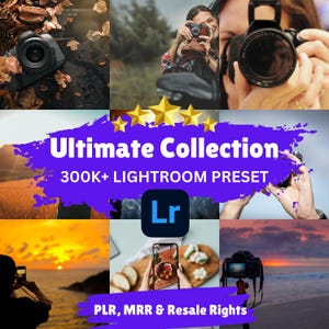 May include: A purple and white graphic with the text "Ultimate Collection 300K+ Lightroom Preset" and the Lightroom logo. The graphic is surrounded by five gold stars and a blurred image of a person holding a camera.