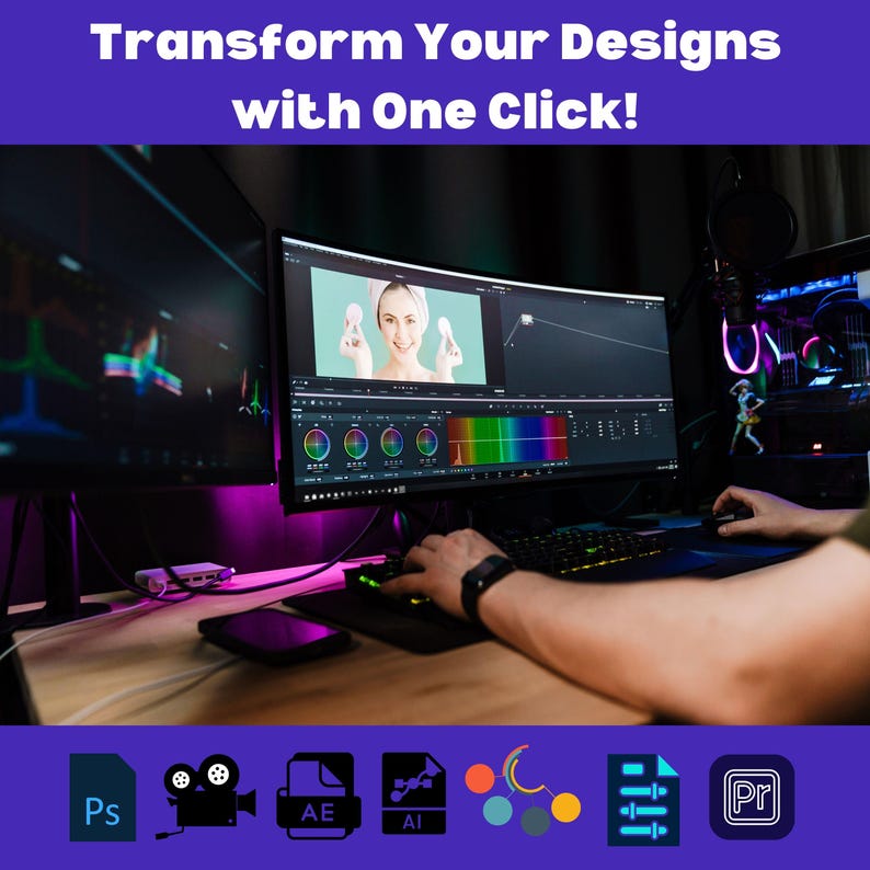 May include: A person working on a computer with a curved monitor. The monitor displays a video editing program with a woman in the preview window. The screen also shows color correction tools and a timeline. The computer is on a wooden desk with a keyboard and mouse. The image includes icons for Adobe Photoshop, After Effects, Illustrator, Premiere Pro, and a film reel.